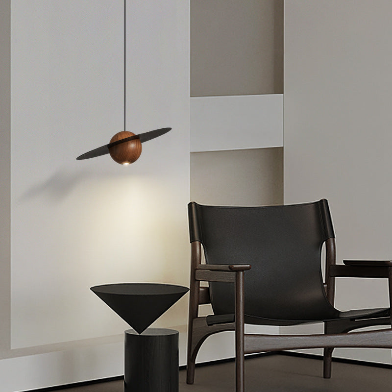 Traditional Vintage Brass Walnut Planet Round LED Pendant Light For Living Room