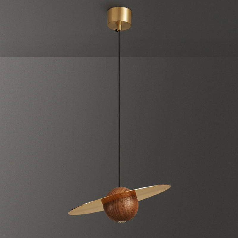 Traditional Vintage Brass Walnut Planet Round LED Pendant Light For Living Room