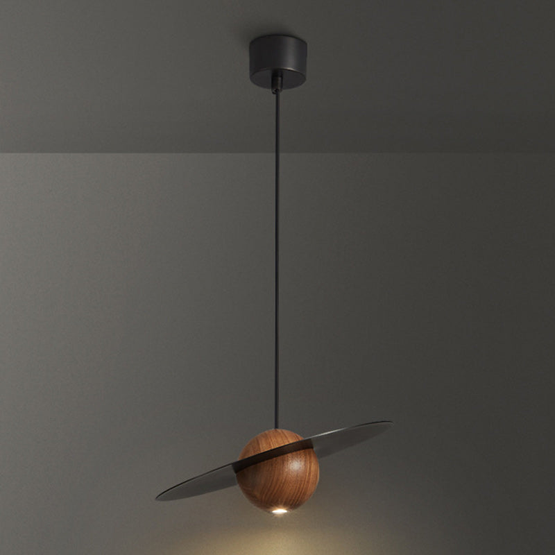 Traditional Vintage Brass Walnut Planet Round LED Pendant Light For Living Room