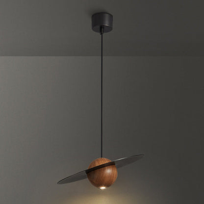 Traditional Vintage Brass Walnut Planet Round LED Pendant Light For Living Room