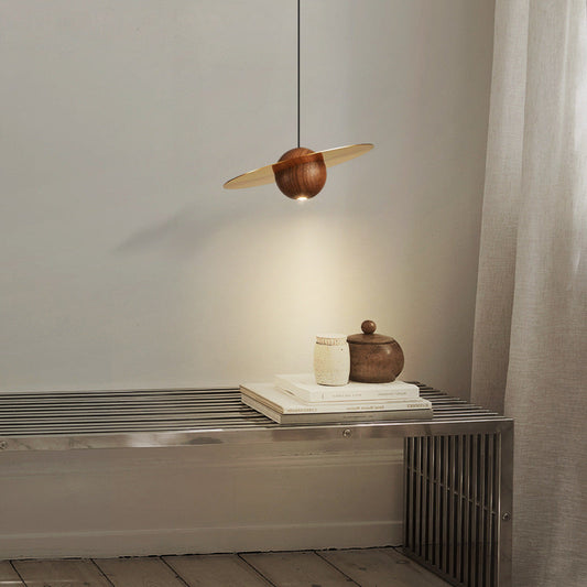 Traditional Vintage Brass Walnut Planet Round LED Pendant Light For Living Room