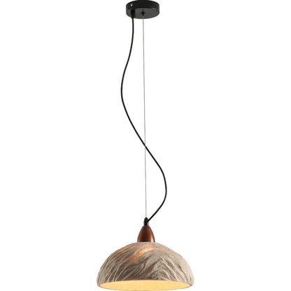 Traditional Vintage Stone Wood Metal Round Bowl Pendant Light 1-Light For Living Room