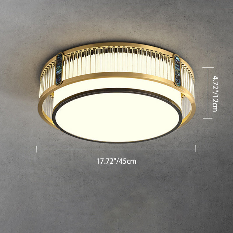 伝統的な中国製の真鍮とガラスの円形、正方形、長方形の縞模様のガラスのLEDフラッシュマウント天井ライト、寝室とリビングルーム用