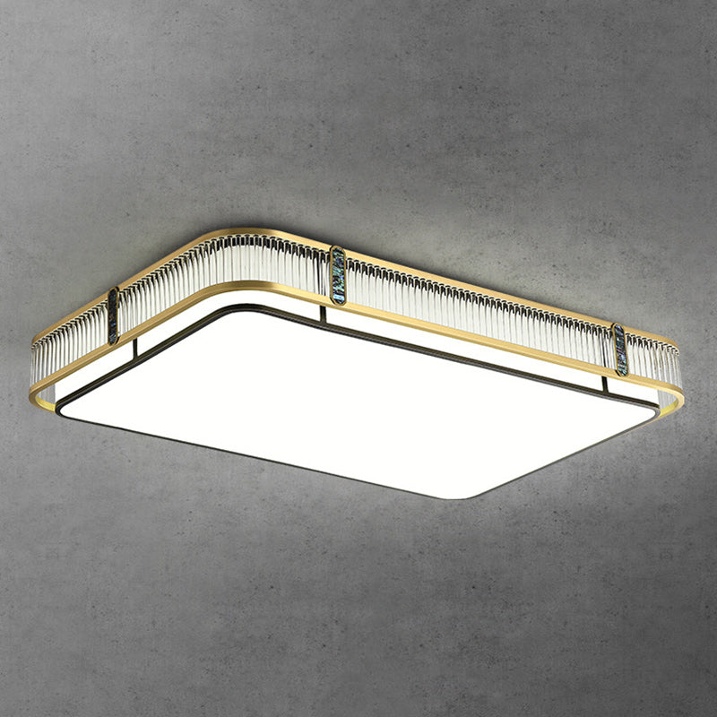 伝統的な中国製の真鍮とガラスの円形、正方形、長方形の縞模様のガラスのLEDフラッシュマウント天井ライト、寝室とリビングルーム用