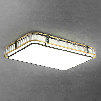 伝統的な中国製の真鍮とガラスの円形、正方形、長方形の縞模様のガラスのLEDフラッシュマウント天井ライト、寝室とリビングルーム用