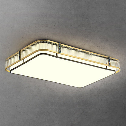 伝統的な中国製の真鍮とガラスの円形、正方形、長方形の縞模様のガラスのLEDフラッシュマウント天井ライト、寝室とリビングルーム用