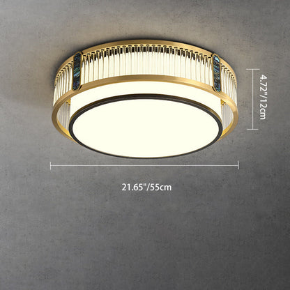 伝統的な中国製の真鍮とガラスの円形、正方形、長方形の縞模様のガラスのLEDフラッシュマウント天井ライト、寝室とリビングルーム用