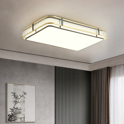 伝統的な中国製の真鍮とガラスの円形、正方形、長方形の縞模様のガラスのLEDフラッシュマウント天井ライト、寝室とリビングルーム用