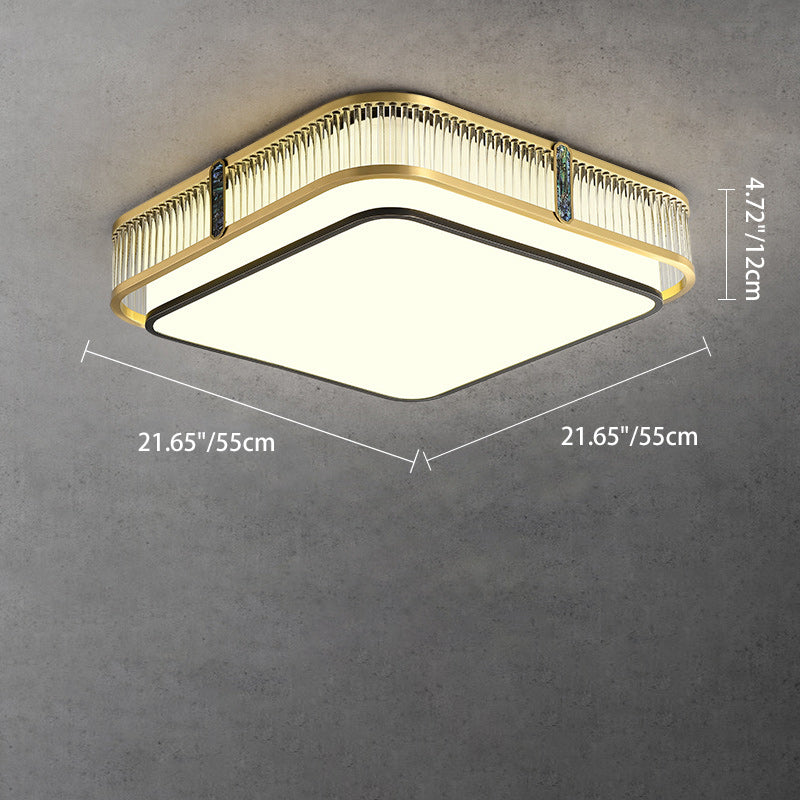 伝統的な中国製の真鍮とガラスの円形、正方形、長方形の縞模様のガラスのLEDフラッシュマウント天井ライト、寝室とリビングルーム用