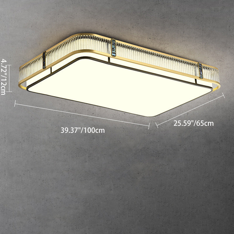 伝統的な中国製の真鍮とガラスの円形、正方形、長方形の縞模様のガラスのLEDフラッシュマウント天井ライト、寝室とリビングルーム用