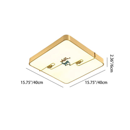 Traditional Chinese Brass Enamel & Acrylic Round Square Rectangular Deer Auspicious Cloud LED Flush Mount Ceiling Light For Bedroom & Living Room