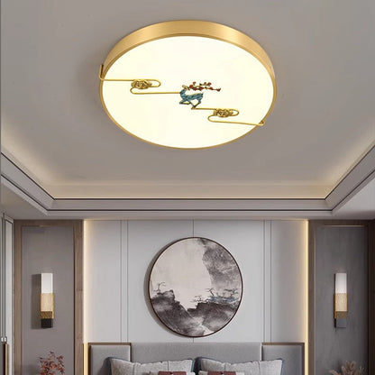 Traditional Chinese Brass Enamel & Acrylic Round Square Rectangular Deer Auspicious Cloud LED Flush Mount Ceiling Light For Bedroom & Living Room