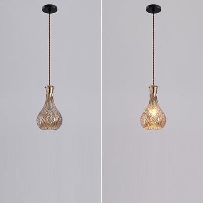 Contemporary Retro Iron & Glass Vase With Etched Design 1-Light Pendant Light For Dining Room