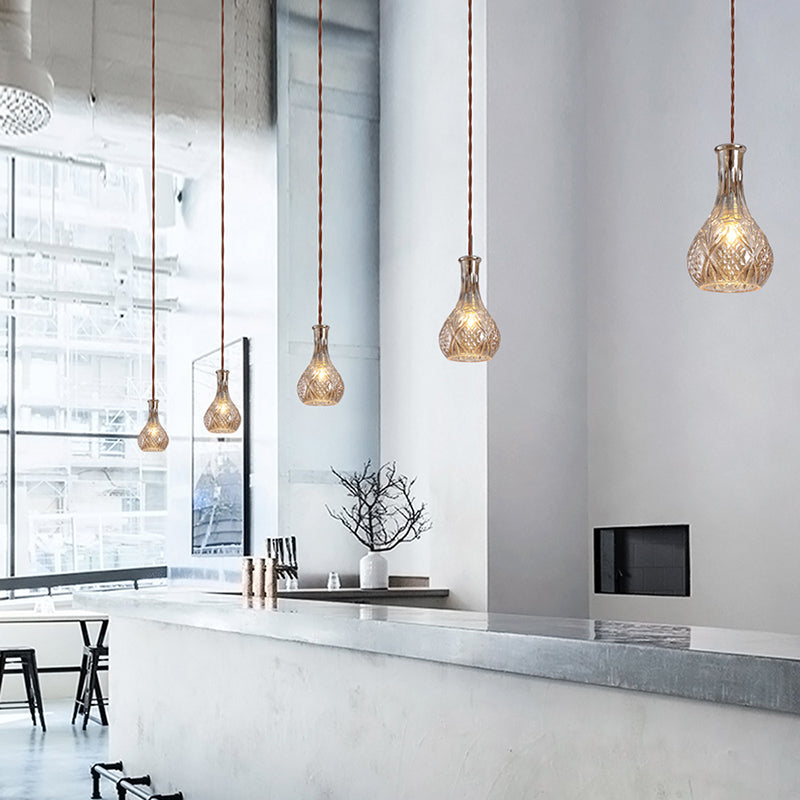 Contemporary Retro Iron & Glass Vase With Etched Design 1-Light Pendant Light For Dining Room