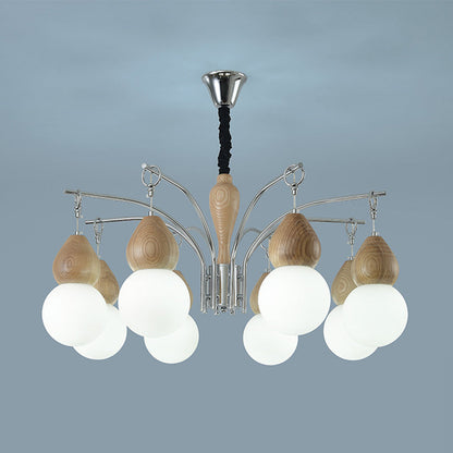 Traditional Japanese Glass Iron & Wood Gourd Sputnik 6/8-Light Chandelier For Living Room