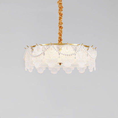 Traditional French Metal & Glass Round Shell Leaf LED Chandelier For Bedroom And Living Room
