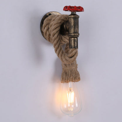 Contemporary Industrial Hemp Rope Iron Faucet 1-Light Wall Sconce Lamp For Dining Room And Hallway