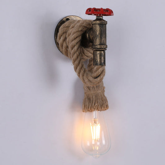 Contemporary Industrial Hemp Rope Iron Faucet 1-Light Wall Sconce Lamp For Dining Room And Hallway