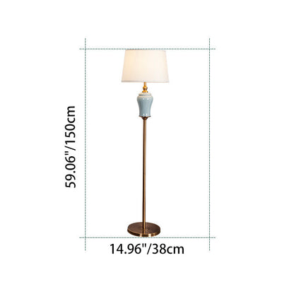 Traditional Chinese Ceramic Copper Fabric Column 1-Light Standing Floor Lamp For Living Room And Bedroom