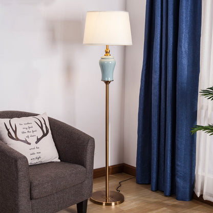 Traditional Chinese Ceramic Copper Fabric Column 1-Light Standing Floor Lamp For Living Room And Bedroom