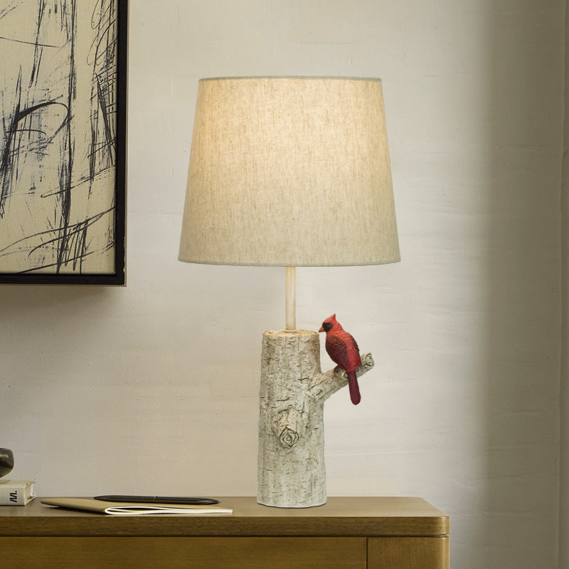 Traditional Vintage Resin & Fabric Column Branch Red Bird & White Crane 1-Light Table Lamp For Bedroom & Living Room