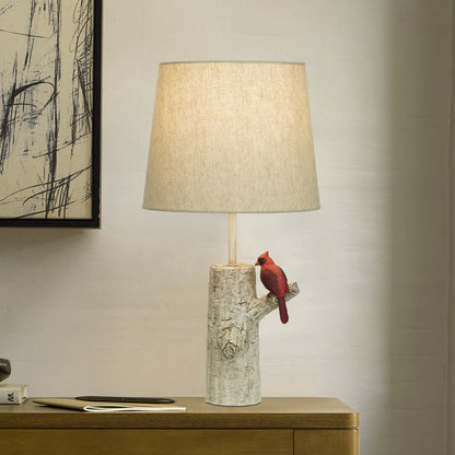 Traditional Vintage Resin & Fabric Column Branch Red Bird & White Crane 1-Light Table Lamp For Bedroom & Living Room