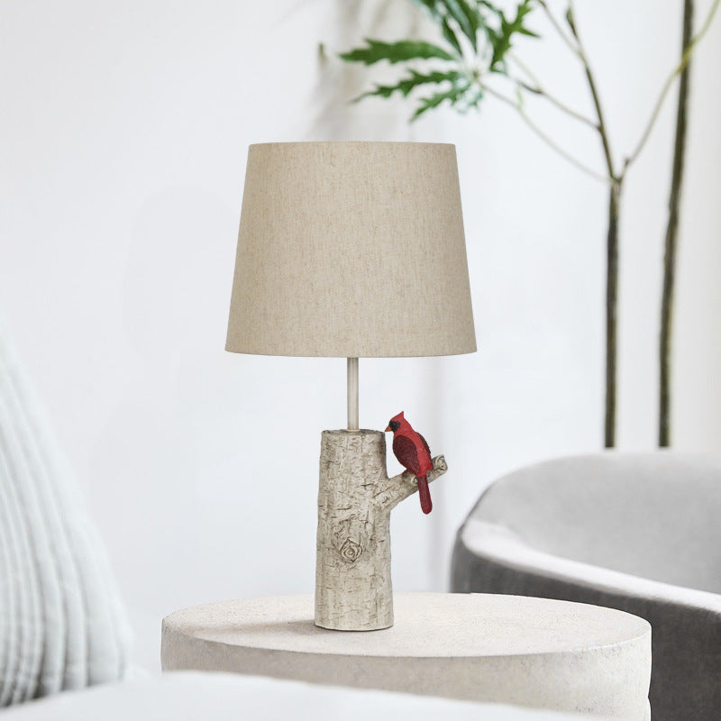 Traditional Vintage Resin & Fabric Column Branch Red Bird & White Crane 1-Light Table Lamp For Bedroom & Living Room