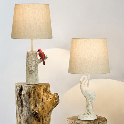 Traditional Vintage Resin & Fabric Column Branch Red Bird & White Crane 1-Light Table Lamp For Bedroom & Living Room