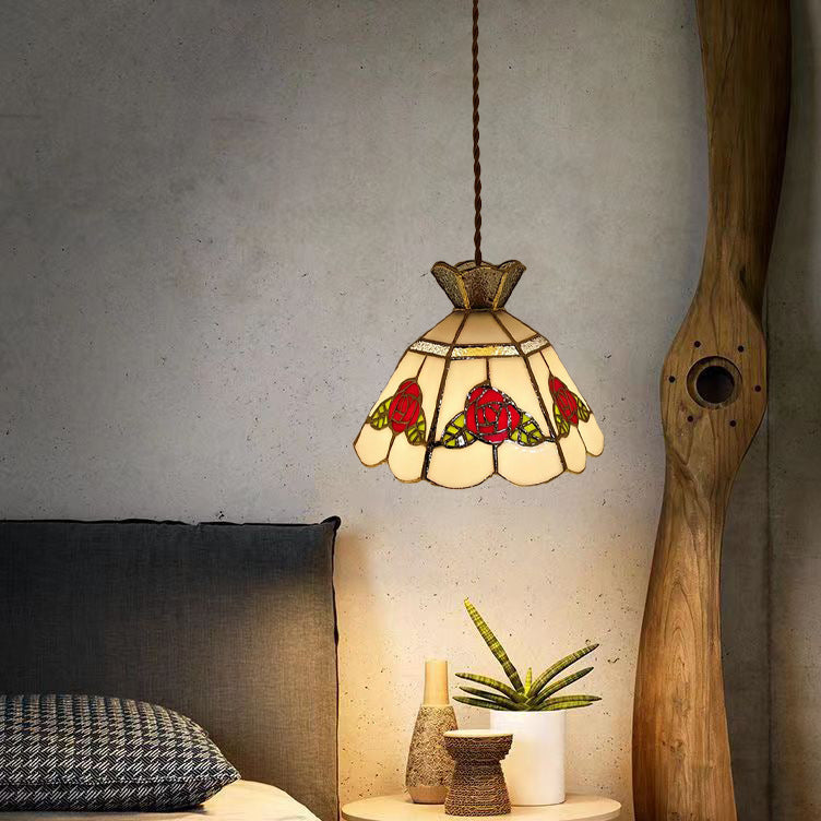 Traditional Vintage Brass & Glass Handcrafted Rose Leaf 1-Light Pendant Light For Dining Room & Bedside