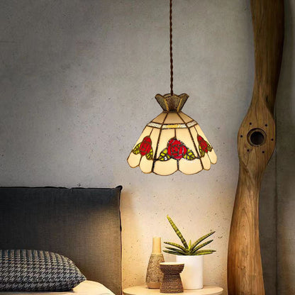 Traditional Vintage Brass & Glass Handcrafted Rose Leaf 1-Light Pendant Light For Dining Room & Bedside
