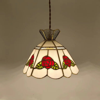 Traditional Vintage Brass & Glass Handcrafted Rose Leaf 1-Light Pendant Light For Dining Room & Bedside
