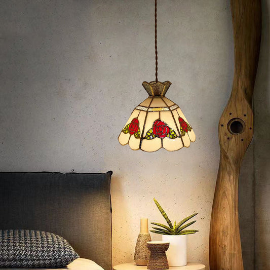 Traditional Vintage Brass & Glass Handcrafted Rose Leaf 1-Light Pendant Light For Dining Room & Bedside
