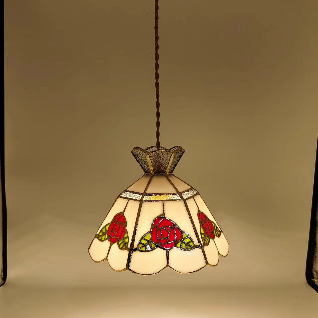 Traditional Vintage Brass & Glass Handcrafted Rose Leaf 1-Light Pendant Light For Dining Room & Bedside
