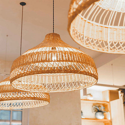 Traditional Farmhouse Weaving Rattan Hollow Cone 1-Light Pendant Light For Dining Room