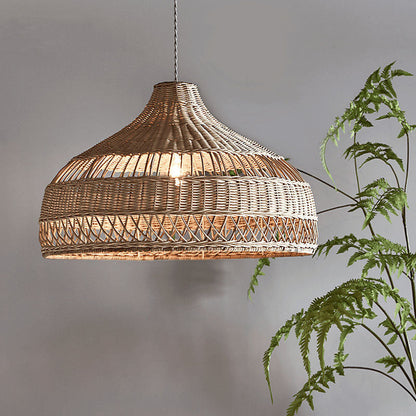 Traditional Farmhouse Weaving Rattan Hollow Cone 1-Light Pendant Light For Dining Room