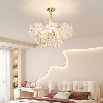 Traditional French Crystal Glass Iron Frosted Floral 8/10/12/21/25-Light Chandelier Ideal For Bedroom And Dining Room