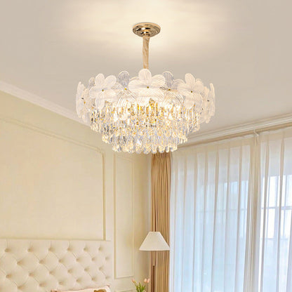 Traditional French Crystal Glass Iron Frosted Floral 8/10/12/21/25-Light Chandelier Ideal For Bedroom And Dining Room