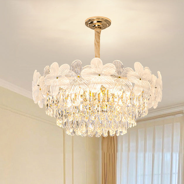 Traditional French Crystal Glass Iron Frosted Floral 8/10/12/21/25-Light Chandelier Ideal For Bedroom And Dining Room