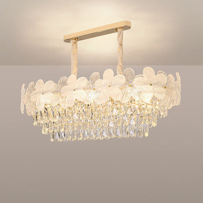 Traditional French Iron Crystal And Glass Frosted Floral Oval 10/12-Light Chandelier Island Light Ideal For Dining Room