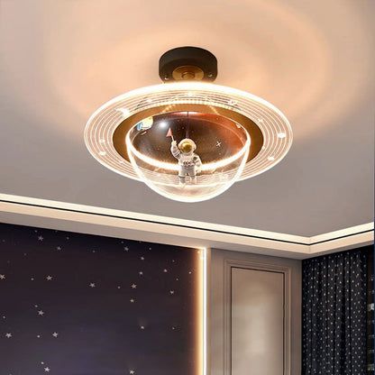 Contemporary Creative Kids Iron Resin & Acrylic Astronaut Globe LED Semi-Flush Mount Ceiling Light For Bedroom