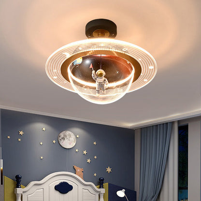 Contemporary Creative Kids Iron Resin & Acrylic Astronaut Globe LED Semi-Flush Mount Ceiling Light For Bedroom