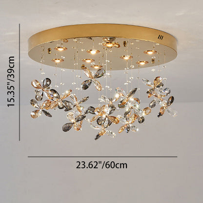 Modern Luxury Stainless Steel & Crystal Butterfly Round LED Flush Mount Ceiling Light For Living Room & Bedroom