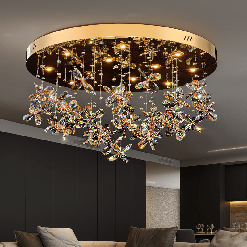 Modern Luxury Stainless Steel & Crystal Butterfly Round LED Flush Mount Ceiling Light For Living Room & Bedroom