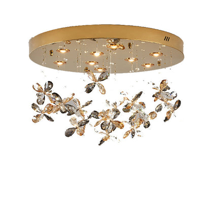 Modern Luxury Stainless Steel & Crystal Butterfly Round LED Flush Mount Ceiling Light For Living Room & Bedroom