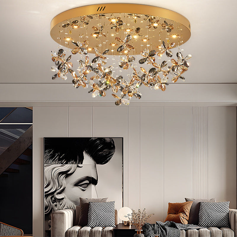 Modern Luxury Stainless Steel & Crystal Butterfly Round LED Flush Mount Ceiling Light For Living Room & Bedroom