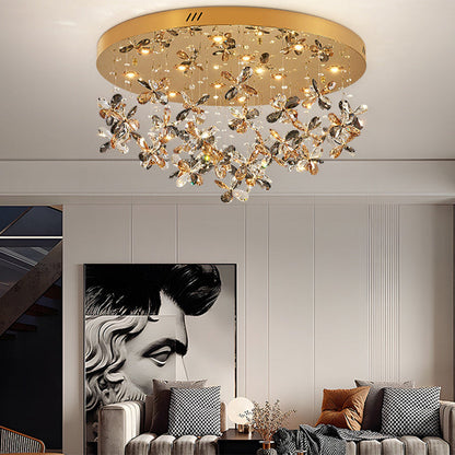 Modern Luxury Stainless Steel & Crystal Butterfly Round LED Flush Mount Ceiling Light For Living Room & Bedroom