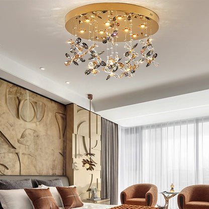 Modern Luxury Stainless Steel & Crystal Butterfly Round LED Flush Mount Ceiling Light For Living Room & Bedroom