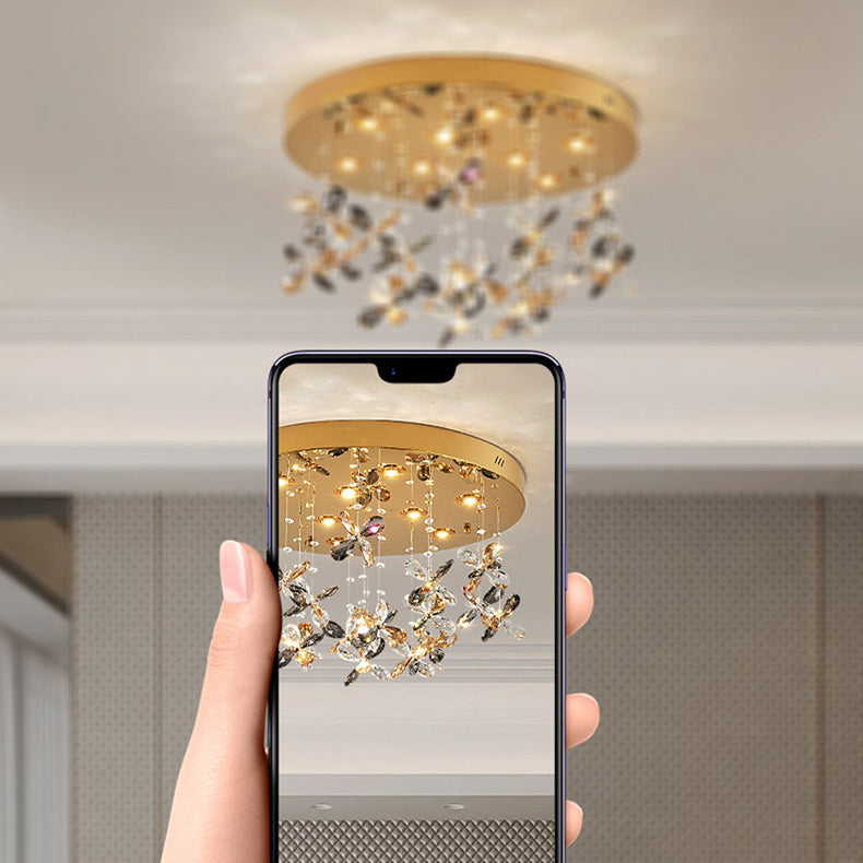 Modern Luxury Stainless Steel & Crystal Butterfly Round LED Flush Mount Ceiling Light For Living Room & Bedroom