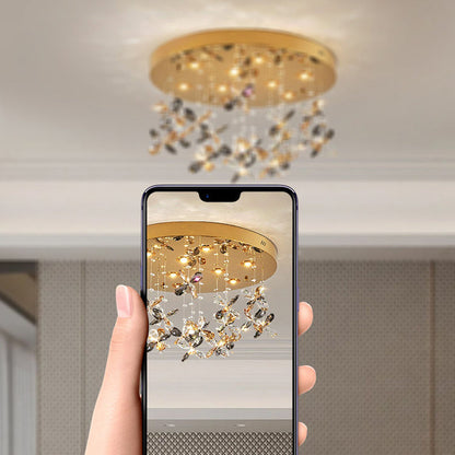 Modern Luxury Stainless Steel & Crystal Butterfly Round LED Flush Mount Ceiling Light For Living Room & Bedroom