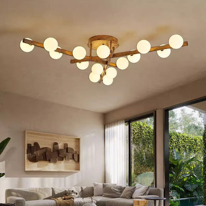 Traditional Farmhouse Acrylic Metal & Resin Branch Frosted Ball 3/6/9/12/15-Light Semi-Flush Mount Ceiling Light For Living Room & Bedroom